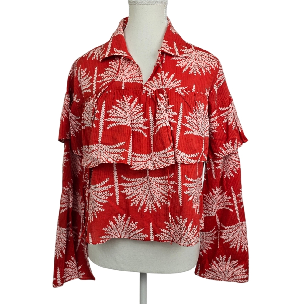 Lucky Brand Red Palm Print Tiered Bell Sleeve Cropped Blouse – Size Large (L)